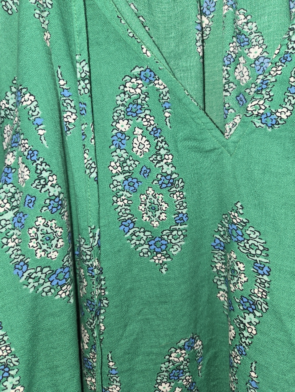 Knox Rose Green White Blue Paisley Boho V Neck Tassel Puff Sleeve Top Sz XL - Picture 2 of 4